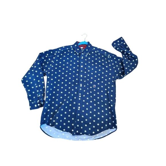 Vintage 90s Tommy Hilfiger Blue Star Pattern Button Down Shirt Nice Fade | M EUC - Picture 1 of 12